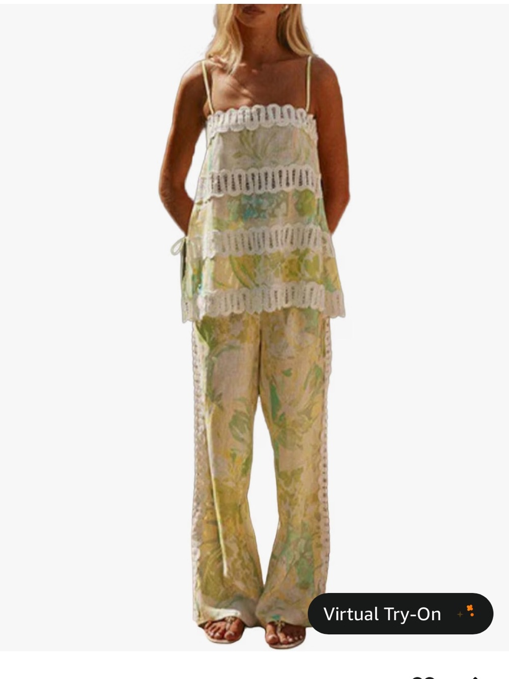 New York & Company Pale Green Floral Wide-Leg Pants Set